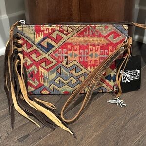 Angel Ranch Taylor Wristlet,Aztec rug print,leather strap,zip top & compartment